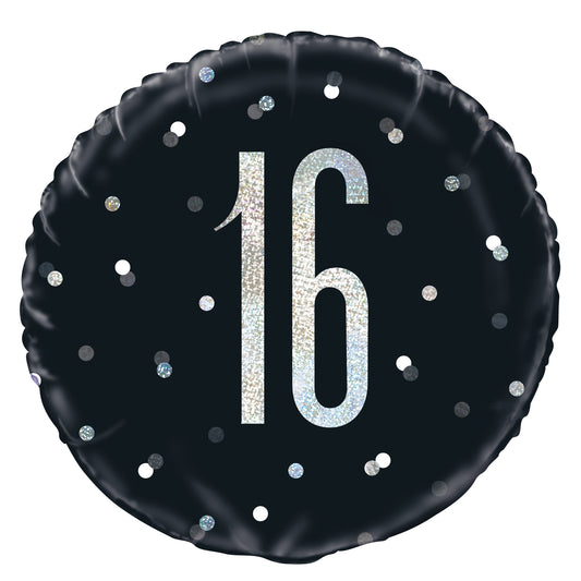 16th Birthday Glitz Black & Silver Round Foil Balloon, 18"