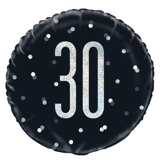 30th Birthday Glitz Black & Silver Round Foil Balloon, 18"