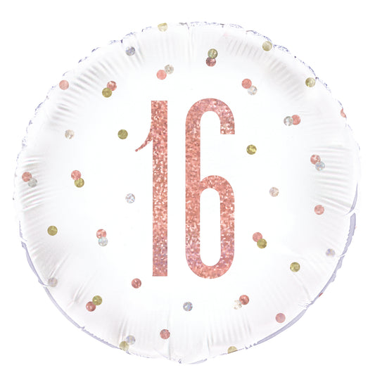 16th Birthday Rose Gold Glitz Number Round Foil Balloon, 18"