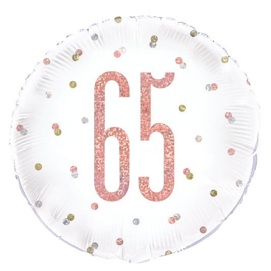 65th Birthday Rose Gold Glitz Number Round Foil Balloon, 18"